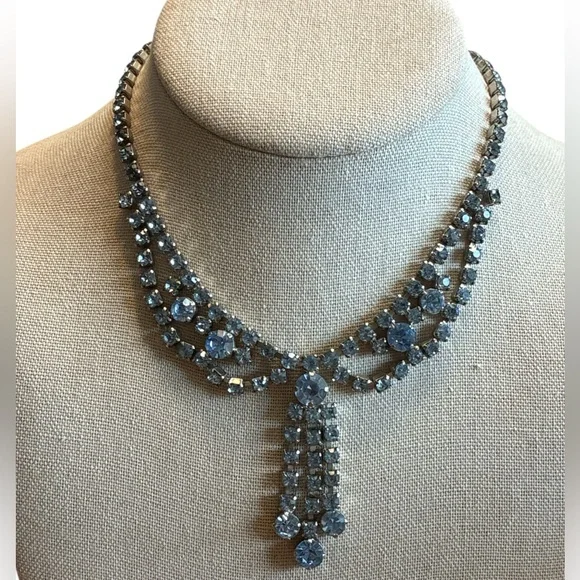 Vintage La-Rel Silver Ice Blue Rhinestone Choker Necklace - Picture 1 of 4